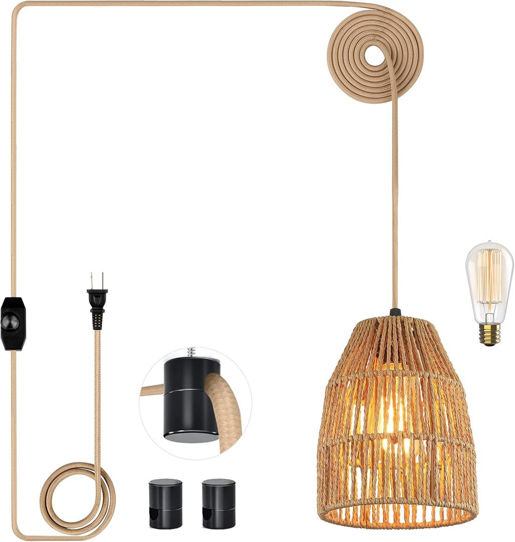 Plug in Pendant Light, Hanging Lights with 15ft Golden Cotton Cord & Stepless Dimming Switch, Handwoven Hemp Rope Lampshade, Boho Hanging Lamp for Bedroom,Hallway (Bulb & 2 Swag Hooks Included) (Small)