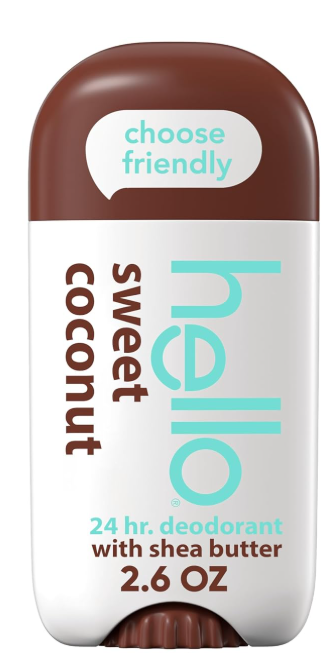 hello Sweet Coconut Aluminum Free Deodorant for Women and Men with Shea Butter, 24Hour Freshness, Baking Soda Free Deodorant, Dermatologically Tested, 2.6 oz Stick