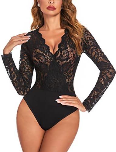 Avidlove Lace Bodysuit for Women Sexy Long Sleeve V Neck Body Suits Going Out Tops Snap Crotch One Piece Teddy Lingerie, L