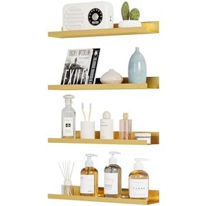 STARLATTA 4 Pack Metal Floating Shelves for Wall Storage, Gold Hanging Shelves for Living Room/Kitchen/Bedroom/Bathroom Decor, Set of 4 Organizer for Display, Book & Perfume Shelf Wall Mounted