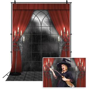 Renaiss 5x7ft Vintage Gothic Window Backdrop Red Curtain Candlestick Black Floor Lightning Stormy Sky Vampire Medieval Castle Photography Background Halloween Dress Up Party Decors Photo Booth Props (FWH00070)