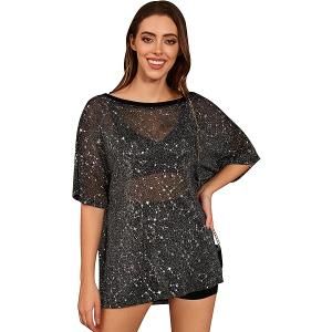 QIANXIZHAN Sparkle and Shine with Women's T Shirt Glitter Sheer See Through Sleeve Mesh Top Tee Blouse S