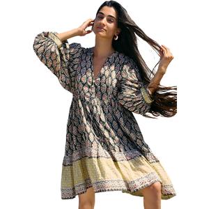 Casual Summer Dresses for Women Boho Vacation V Neck Babydoll Patchwork Floral Puff Sleeve Flowy Short Dress (Beige, L)