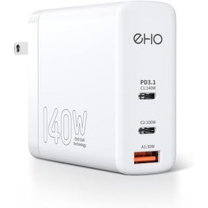 EHO 140W USB C Wall Charger for MacBook Pro 16", PD 3.1 3-Port GaN III USB C Power Adapter 45W PPS Super Fast Charging Travel Charger Compatible wLaptops, MacBook ProAir, iPhone, Samsung