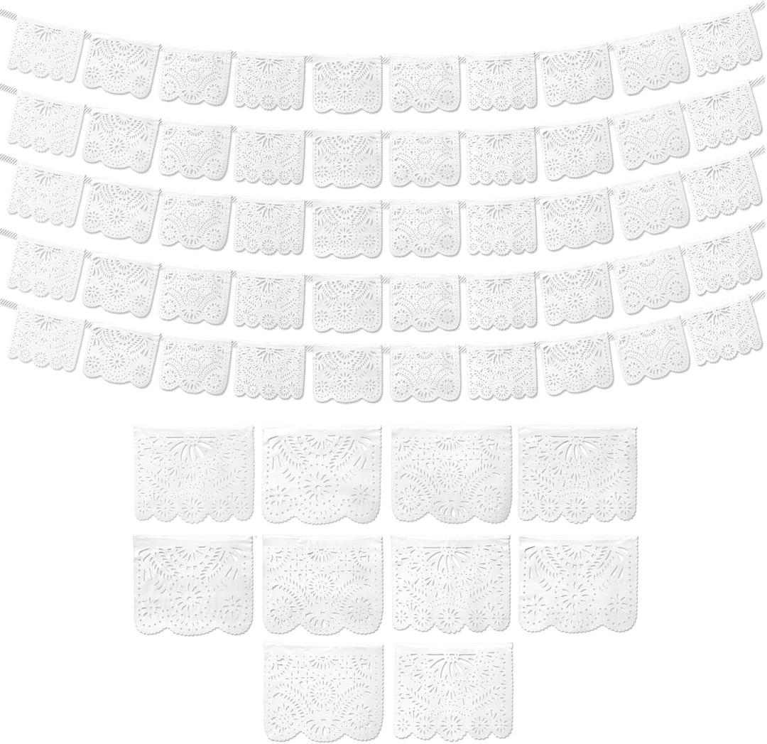 White Papel Picado Banner (5 Pack - 10 Plastic Flags per Banner) - White Mexican Banners for Parties and Weddings - Mexican Themed Party Decorations - Papel Picado Mexicano para Decoraciones