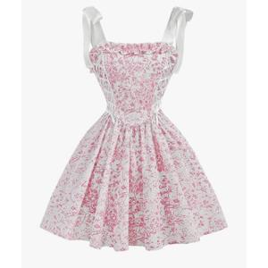 SHENHE Girl's Floral Corset Dress Lace Up Tie Shoulder Smocked Fit and Flare Flowy Sundress, XS