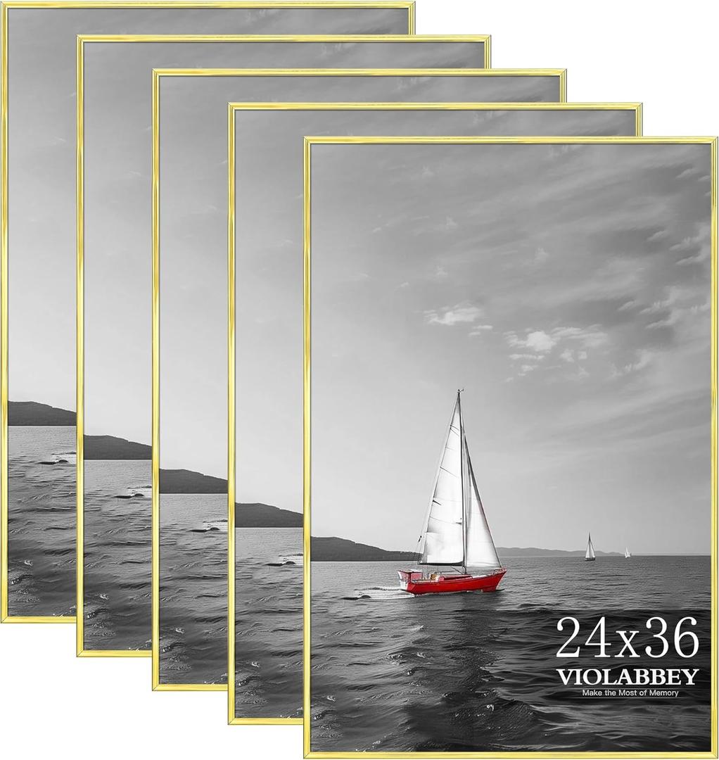 VIOLABBEY 24x36 Poster Frame Set of 5, Gold Picture Frames for Wall Mounting Vertically or Horizontally, Gallery Wall Frame