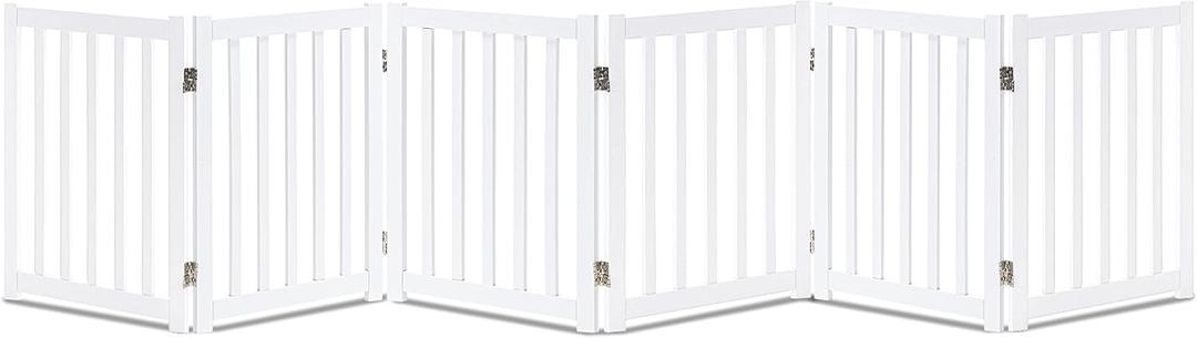LZRS 6-Panel Extra-Wide Freestanding Wooden Dog Gate Indoor 24High Foldable Safety Pet Barrier for Doorways, Hallways, Kitchens, and Long Staircases, Durable Design fit Small to Medium Dogs, White