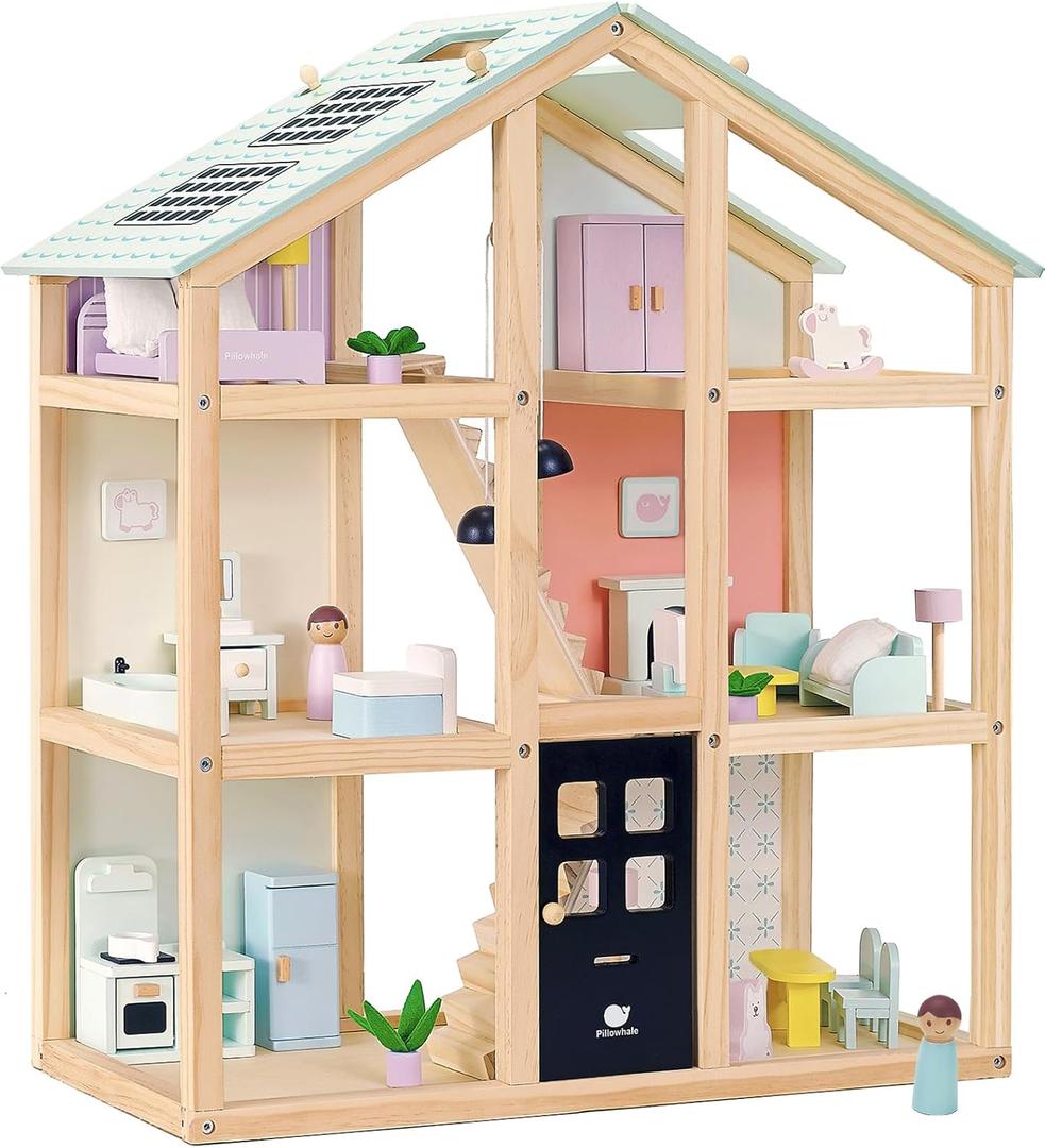 3-Story Wooden Dollhouse with 38-Piece Furniture | Easy-Assembly Modern Playhouse | Mint Green Roof, Gender-Neutral Colors | Ages 3+