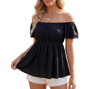 Women's Off Shoulder Boho Floral Blouse Short Sleeve Flowy Dressy Casual Top (Black, XXL)