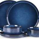E-far Dinnerware Sets for 2, 6-Piece Stoneware Plates and Bowls Set, Ceramic Dishes Reactive Glaze Dinning Ware, Microwave & Dishwasher Safe - Deep Sea Blue