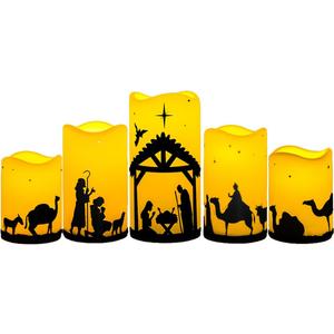 5PCS Christmas Nativity Scene LED Taper Candles with Timer,Battery Operated Religious Candles Indoor Outdoor for Xmas Holiday Home Decor