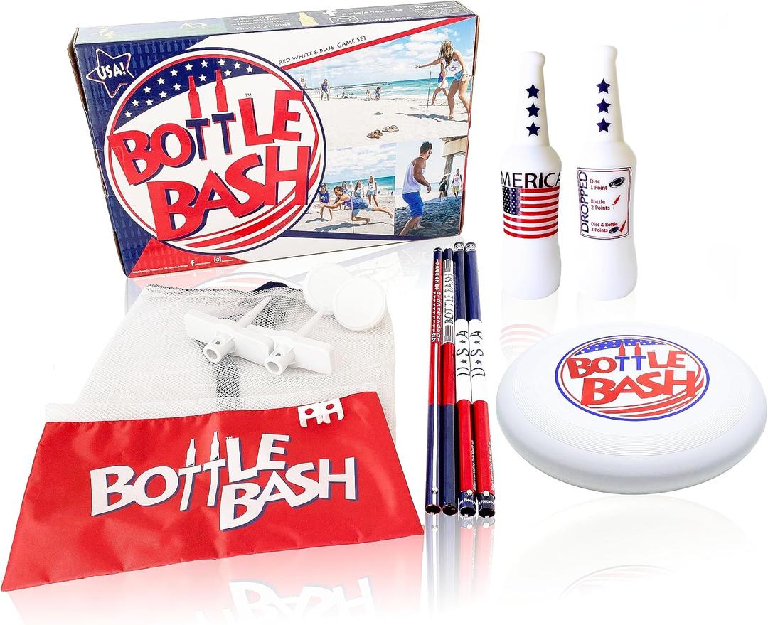 Bottle Bash Outdoor Flying Disc Game Set Frisbee Toss Backyard and Beach Game for Family, Adult & Kids - Beersbee & Polish Horseshoes