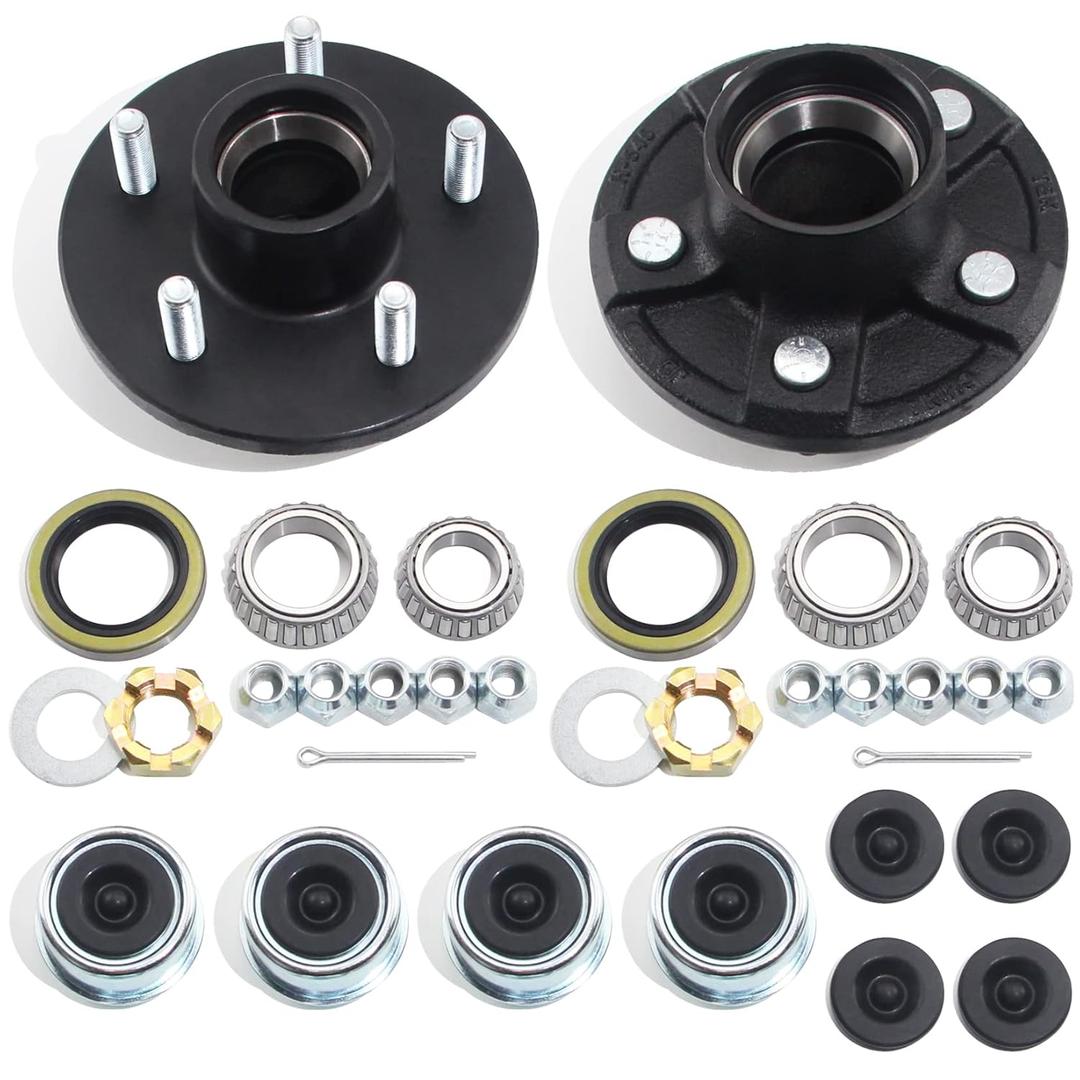 GREPSPUD 2Sets Trailer Hub Kits 5 on 4.5 for 3500 lbs 11/16'' to 13/8'' Tapered Axle, Idler Hub with Extra Dust Caps & Rubber Plugs, 5x4.5 Trailer Replacement Hub 5 Lug Bolt Trailer Wheel Hub Kit