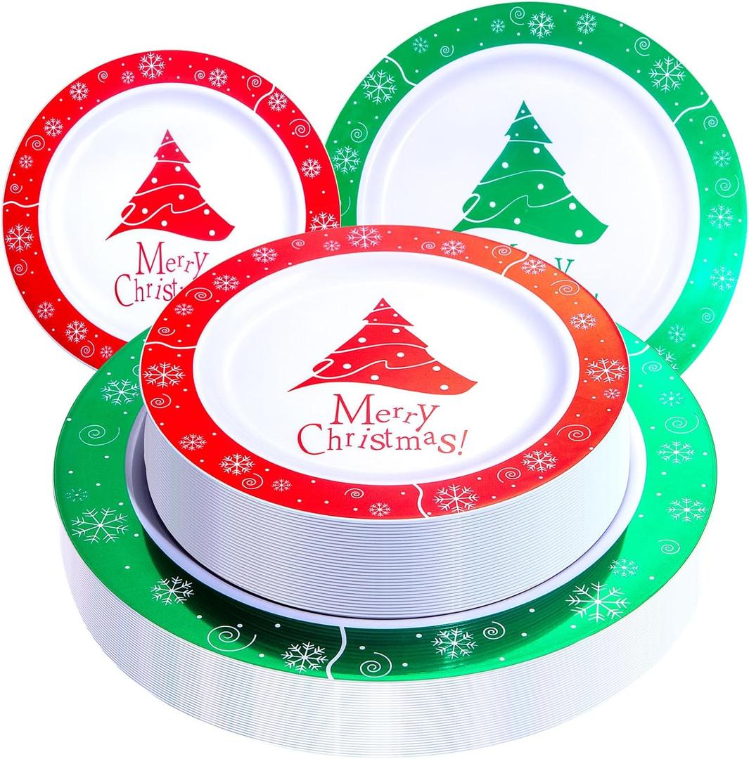 Rubtlamp 60PCS Christmas Plastic Plates, White Plastic Plates With Red and Green Christmas Tree, christmas Party Disposable Plate Include 30 Green Dinner Plate, 30 Red Salad Platos