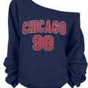 FASHGL Women's Off The Shoulder Sweatshirts Tops Oversized Sweatshirt Streetwear Y2K Jersey Number Graphic Long Sleeve Dark Blue Medium
