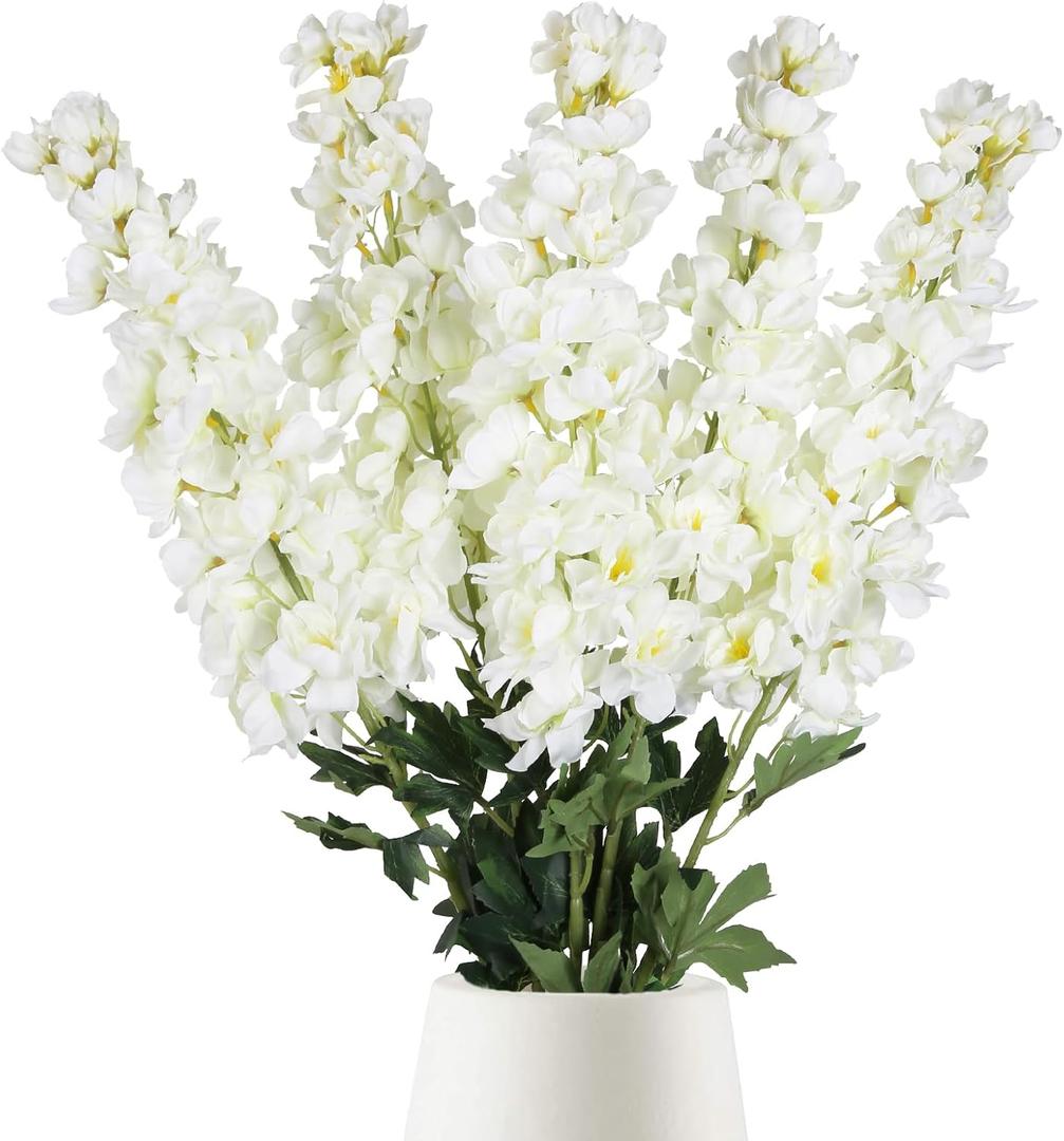 White Delphinium Artificial Flowers,5PCS Faux Larkspur Flowers 39" Long Stem Silk Flowers for Tall Vase Home Wedding Table Decor(White) (Ivory)