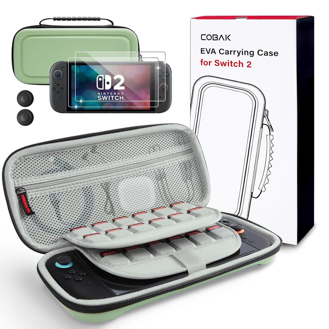 CoBak Large Capacity Carrying Case for Nintendo Switch 2 (2025) - 3 in 1 Accessories Bundle with 2 Screen Protectors, Thumb Grip Caps, 24 Game Cartridges, Hard Shell Portable Travel Pouch, Matcha