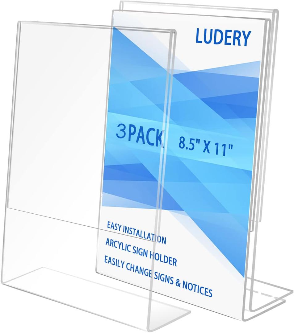 8.5x11 Inches Acrylic Sign Slant Back Holder, Plastic Display Stand,Brochure Holder, Table Top Sign Holder For Office, Home, Store, Restaurant (3pack)