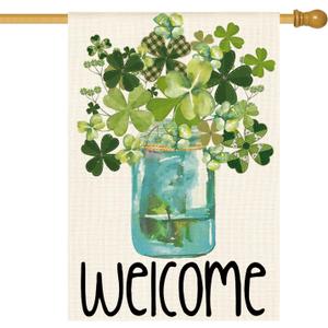 AVOIN colorlife Welcome Watercolor Lucky Clover St Patricks Day House Flag Double Sided, Shamrock Jar Yard Outdoor Flag 28 x 40 Inch