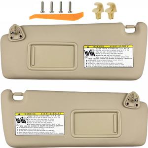 Sun Visor Pair Compatible with 2004-2007 Toyota Highlander (Driver & Passenger Side) - Non-Illuminated No Light, Leather Sunshade Replacement Assembly Kit with Clips, Screws, & Manual - (Color Beige)