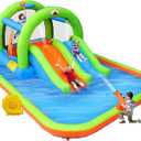 Inflatable Water Park with Blower, and Bouncy House with Double Slide with Water Cannon and Basketball Ring