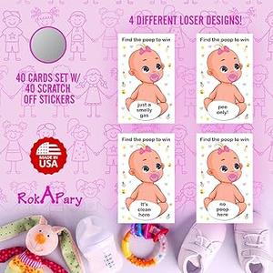 Baby Shower Girl Scratch Off Poop Game, Easy to Play Silly Games, Fun Idea, Ice Breaker Activity. Raffle Cards, Pink Pacifier, Set of 40 Cards Made in USA