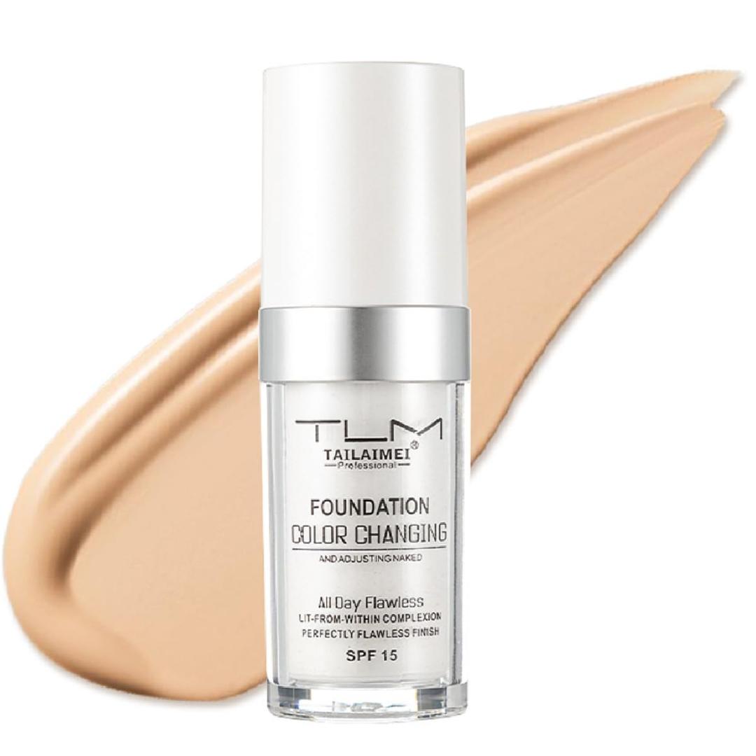 2pcs TLM Foundation Color Changing,TLM Colour Changing Liquid Foundation Hides Wrinkles & Lines,BB Cream Makeup Base Concealer Cover Moisturizing Fluid for all Skin Tone SPF15(30ML)