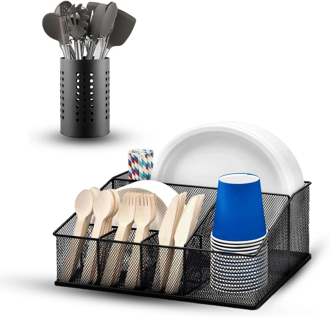 Paper Plate Organizer with Utensil Holder 6 Compartment Metal Paper Plate Dispenser for Plates, Cups, Napkins, Cutlery Countertop Silverware Party Holder for Kitchen, Party, BBQ & Camping