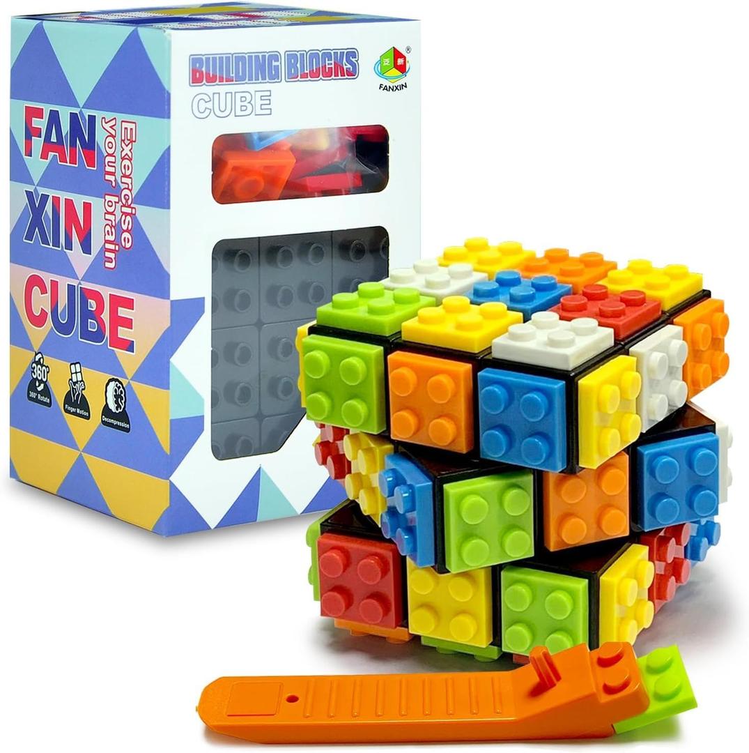 Willking Speed Cube 3x3 Build-on Brick Magic Cube 3x3x3 Brain Teaser Puzzles and Building Brick Blocks Toy for Kids AdultIncluded Brick Separator
