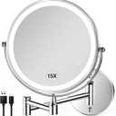 GREENFROM Wall Mounted Lighted Makeup Mirror: 8.5 Inch Double Sided Makeup Mirror with 1X/15X Magnification for Vanity, Bathroom, and Shaving - Chrome