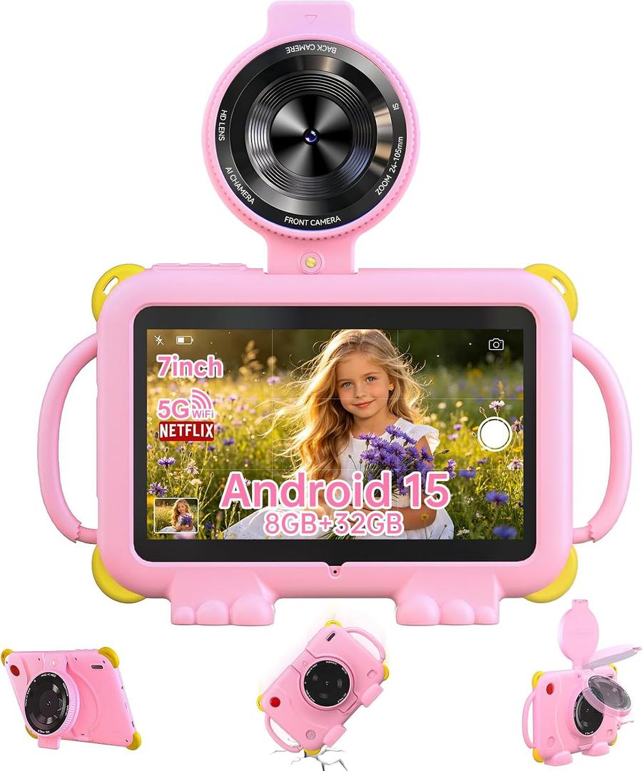PEICHENG Tablet for Kids 7Inch IPS Display, (3+5GB) RAM+32GB ROM+1TB Expand, Shockproof Case with Handles, Parental Control, Educational Entertainment Apps, Dual Cameras (90 Rotatable Lens), Pink