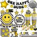 179pcs One Happy Dude Birthday Decorations Include One Happy Dude Plates and Napkins Set, Banner, Hanging, Tablecloth, Cupcake Topper, Balloon, for 1st Birthday Decorations Boy, Serves 25