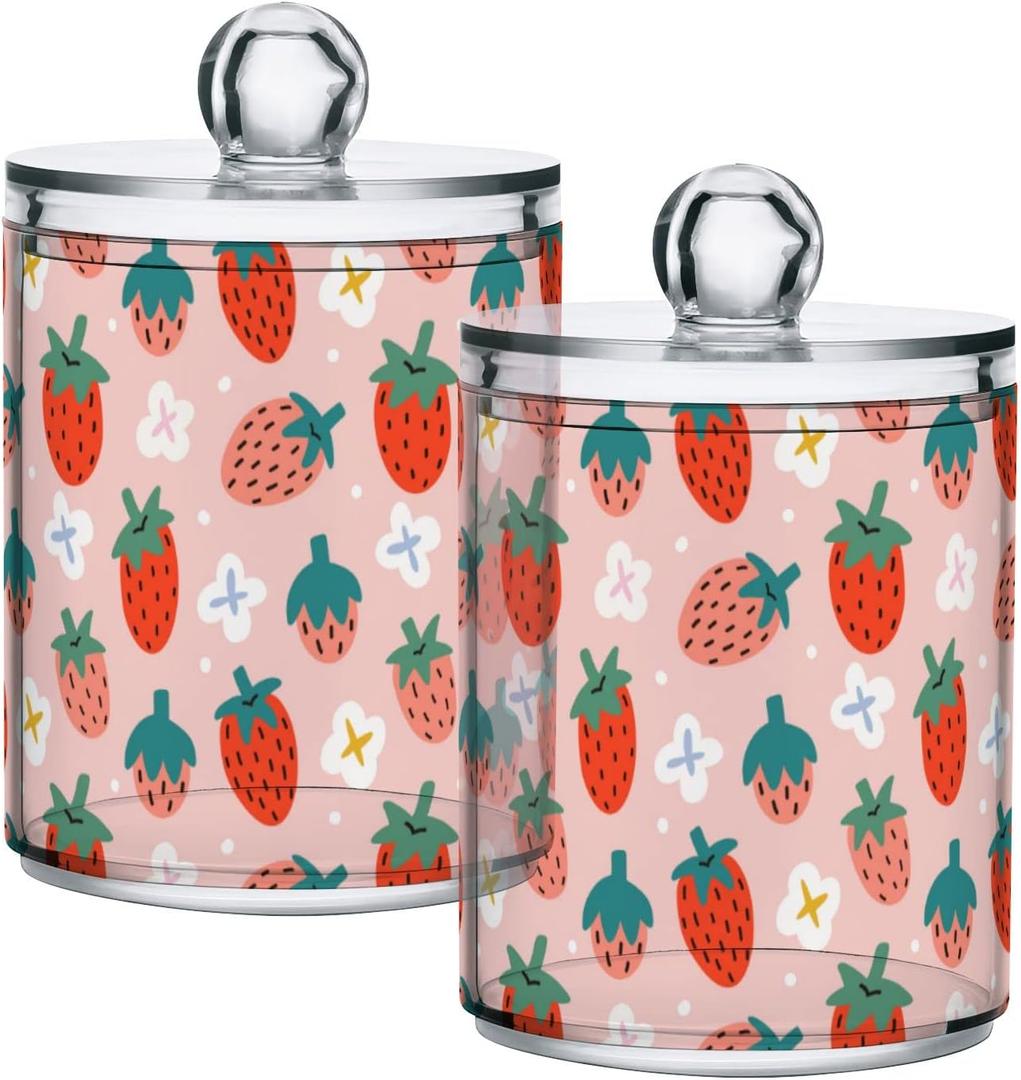 Kigai 2 Pack Apothecary Jars Cute Strawberry Qtip Holder Organizer Clear Airtight Container for Cotton Swabs Food Storage 14oz Plastic Jars with Lids (A1)