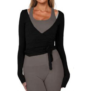 Women Ballet Wrap Top Long Sleeve Self Tie Dance Shirt Pilates Yoga Tops Y2k Workout Active Blouses (US, Alpha, Large, Regular, Regular, Black)