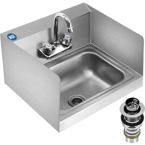 BIEAMA Stainless Steel Hand Sink NSF 17" x 15" Commercial Wall Mount Sink, with Side Splash Guard, Strainer and Faucet, Perfect for Home, Stores, Restaurants, Bars