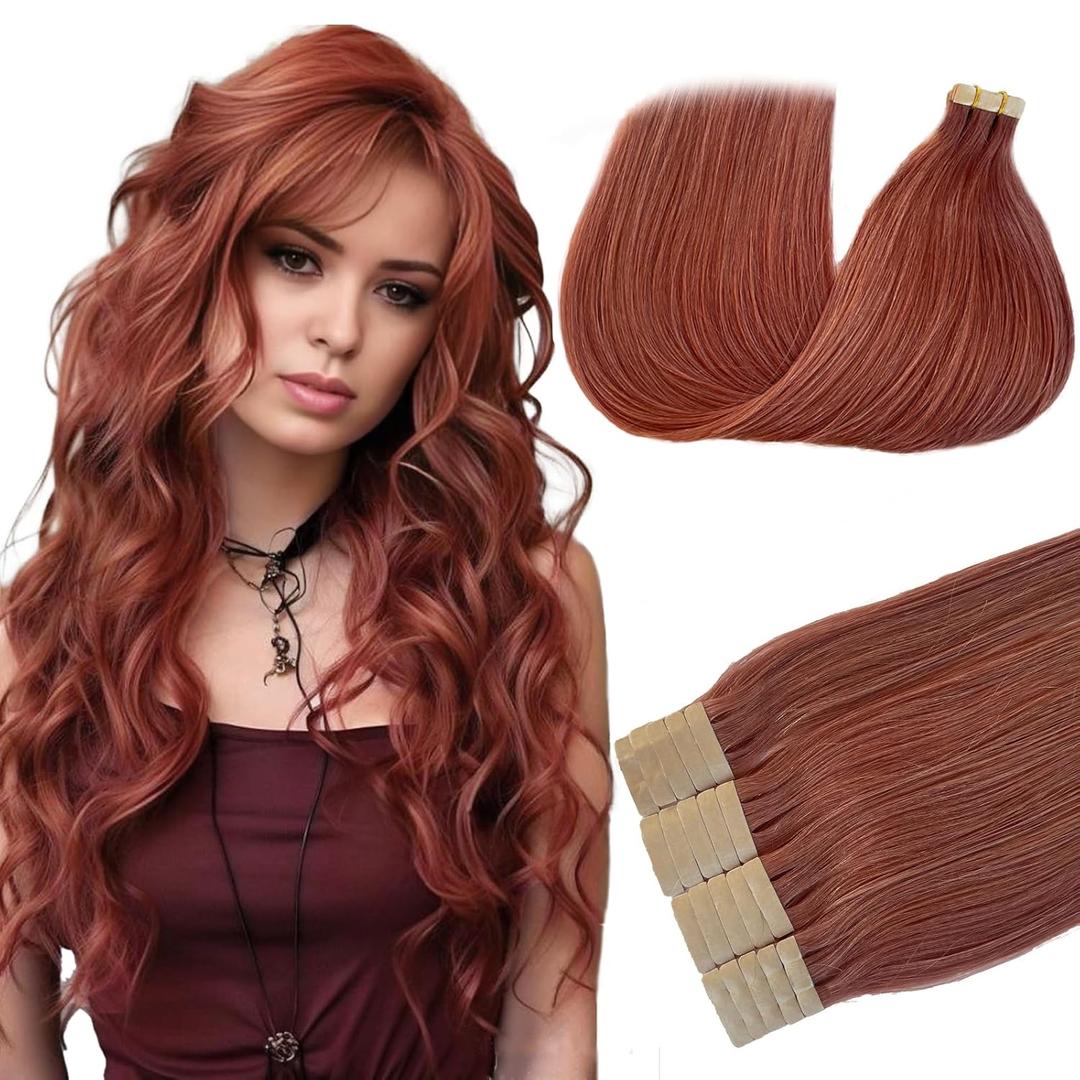 Tape In Hair Extension 18inch 100% Real Human Hair Tape In Extension For Women #14 Auburn Color Skin Weft PU Tape In Extensions Human Hair 50g 20pcs/Pack