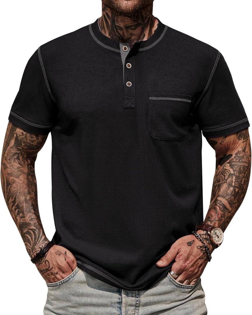 Mens Henley Shirts Casual Waffle Stretch Summer T-Shirt with Pocket (S-XXL) (Black, XXL)