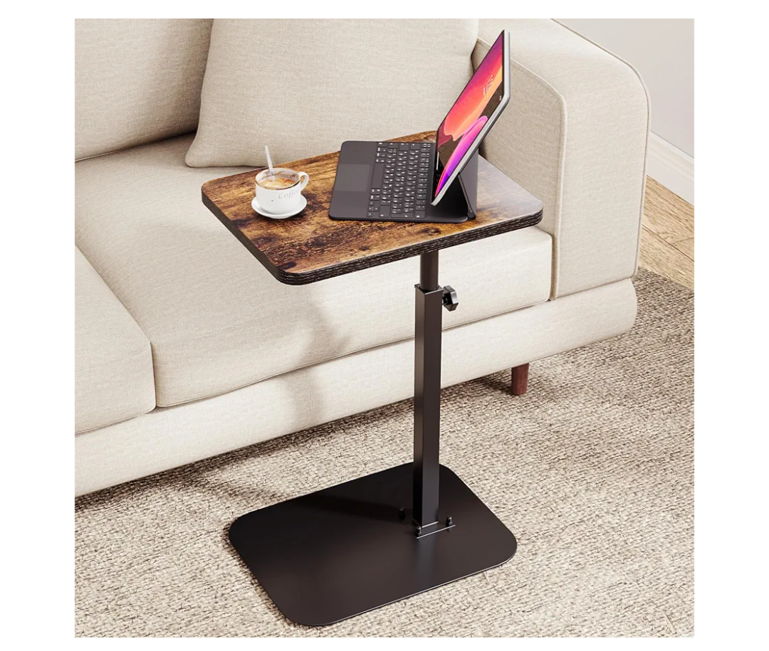 ELYKEN TV Tray Table, C-Shape Couch Desk, 360° Swivel Side Table Height Adjustable, Laptop Stand for Couch Recliner, Small Bedside Tables, Rustic Brown