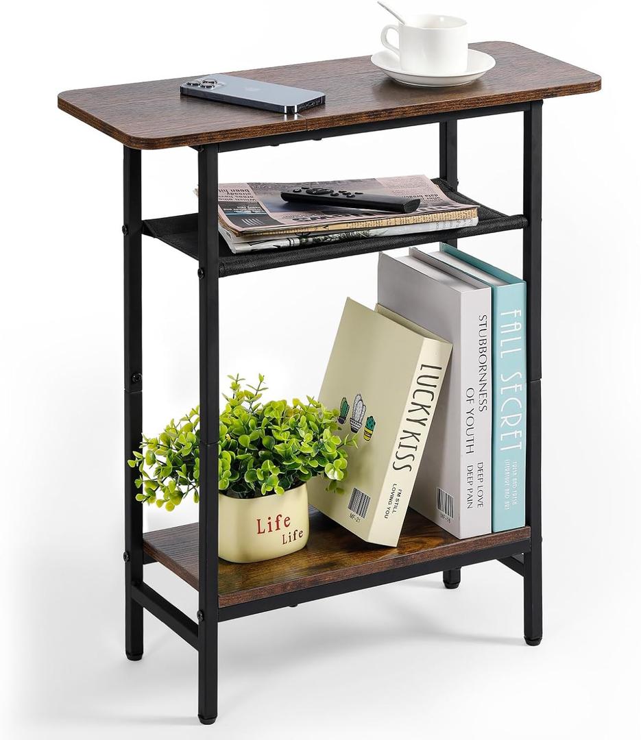 Narrow Side Table for Living Room, 3-Tier Thin End Table with Wide Storage Tabletop, Slim Sofa Table for Small Spaces, Rustic Brown Skinny Nightstand for Bedroom or Couch (22.7L x 8.6W x 23.6H)