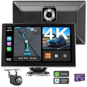 Portable CarPlay Screen for Car, 9'' Wireless Apple CarPlay & Android Auto Screen for Car, 4K Dash Cam, 1080P Backup Camera, GPS Navigation/Bluetooth/FM/Siri Voice Control for All Vehicles