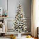 DWVO 6 FT Slim Pre-lit Flocked Arctic Fir Pencil Tree, Potted Christmas Tree with 15 Red Berries, 520 PE & PVC Branch Tips, and 150 Lights for Home and Office Decor