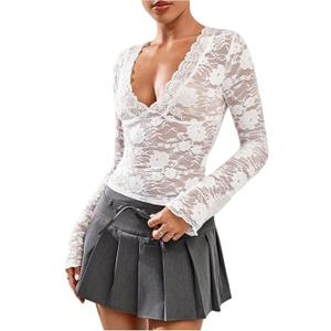 Floerns Women's Lace V Neck T Shirts Long Sleeve See Through Going Out Tee Tops (White) M