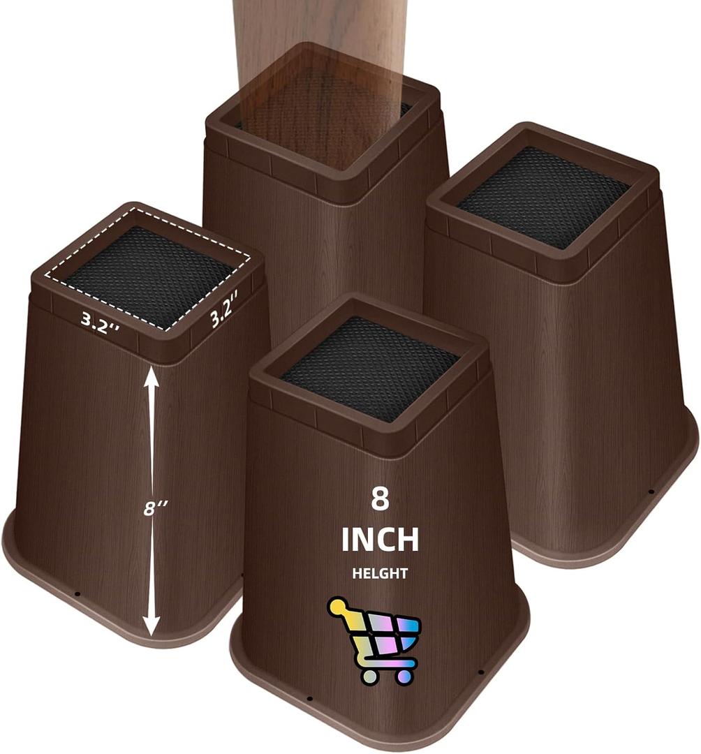 8 inch Bed Risers Adjustable Furniture Risers - Heavy Duty Non-Slip Lift Supports for Beds/Couches/Sofas, Durable Square Design with Creates Storage Space (4 Pack Brown, 8 inch Square)