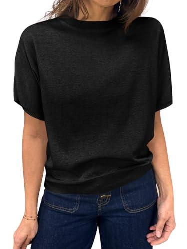 Saodimallsu Womens Short Sleeve Sweater Casual Basic Crew Neck Loose Knit Pullover Tops Summer Lightweight Blouses Black