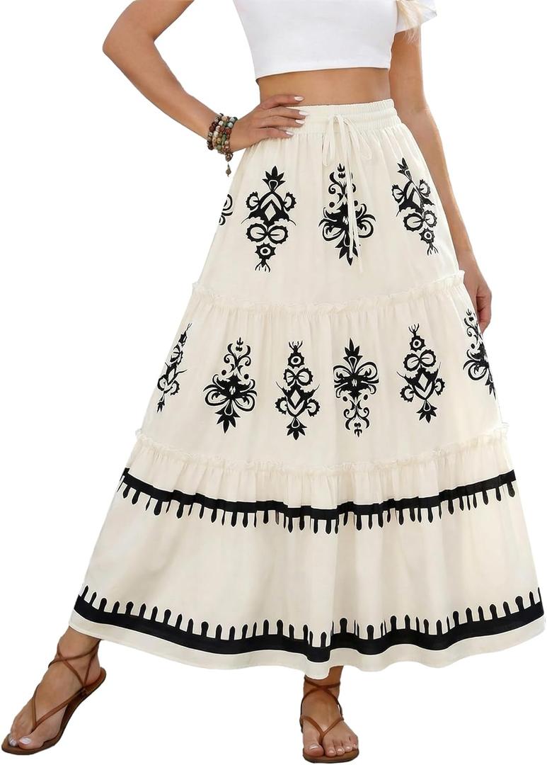 SOFIA'S CHOICE Western Boho Maxi Skirt for Women High Waisted Tiered A Line Flowy Long Skirts Beach Vacation (White, XL)