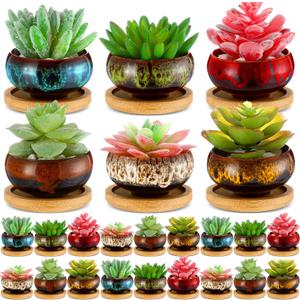 24 Pcs Ceramic Succulent Pots 2.5 Inch Small Plant Pots Indoor with Drainage and Bamboo Saucers Colorful Succulent Flower Planters for Garden Plants Home Decor