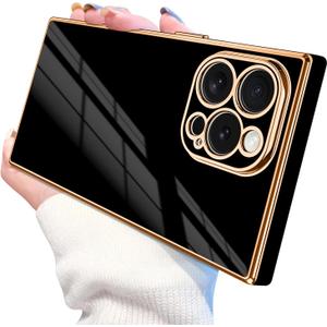 Designed for iPhone 15 Pro Max Case Rectangle, Works with Magnetic Wireless Charging, Full Lens Protection, Flexible TPU Electroplated Edge for Women Men Phone Case for iPhone 15 Pro Max Black