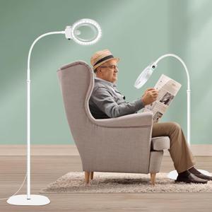 10X 30X Large Magnifying Glass with Light and Stand, 36 LED Flexible Gooseneck Floor Magnifying Lamp, Adjustable Brightness Large Lighted Magnifiers for Reading,Sewing,Crafts,Painting,DIY,White