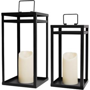 HPC Decor Black Metal Candle Lanterns Set of 2- Lanterns Decorative w/ LED Timer Candles- 15.8'' & 12.6'' Chunky Modern Farmhouse Lantern Decor for Indoor,Outdoor,Fireplace,Porch (No Glass)